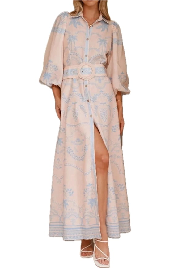 Women's Printed Balloon Sleeve Maxi Shirt Dress with Belt and Button Front 100% Polyester fabric for Everyday Wear