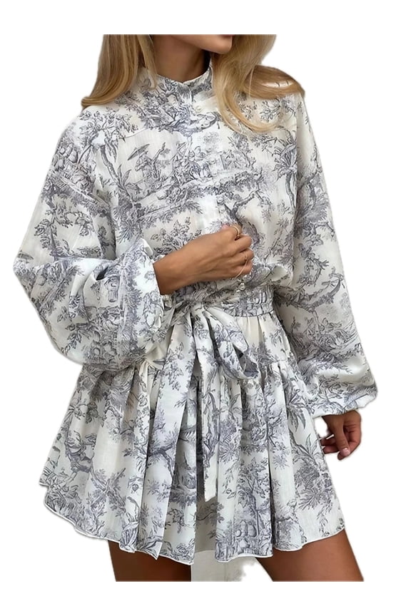 Women's Printed Balloon Sleeve Tie Waist Dress 100% Polyester Not Lined Belted Casual Everyday Wear For Spring Summer