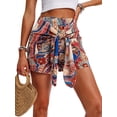 thumbnail image 1 of Women's Printed Bohemian Shorts with Front Knot High Waist Summer Beach Vacation Shorts Blue L, 1 of 8