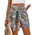 thumbnail image 1 of Women's Printed Bohemian Shorts with Front Knot High Waist Summer Beach Vacation Shorts Green S, 1 of 8