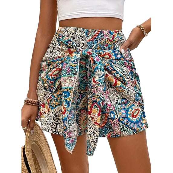 Women's Printed Bohemian Shorts with Front Knot High Waist Summer Beach Vacation Shorts Green S