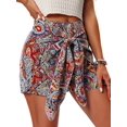 thumbnail image 1 of Women's Printed Bohemian Shorts with Front Knot High Waist Summer Beach Vacation Shorts Red S, 1 of 8