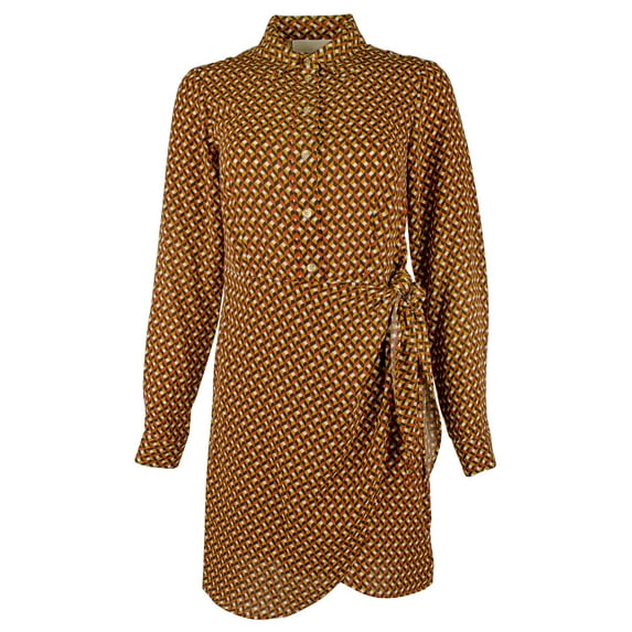 Women's Printed Button Down Collar Tie Waist Shirt Dress X-Small