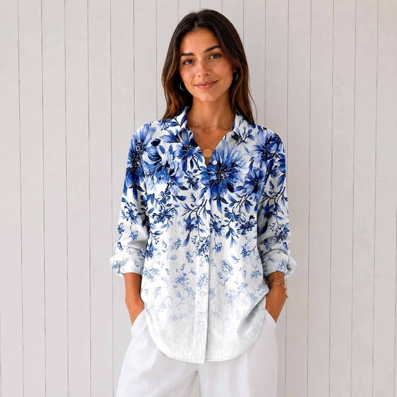 Women's Printed Button Down Long Sleeve Casual Shirt Blouse