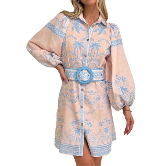Women's Printed Button Down Shirt Dress with Belt Featuring 40% Polyester Fabric for a Comfortable Everyday Look