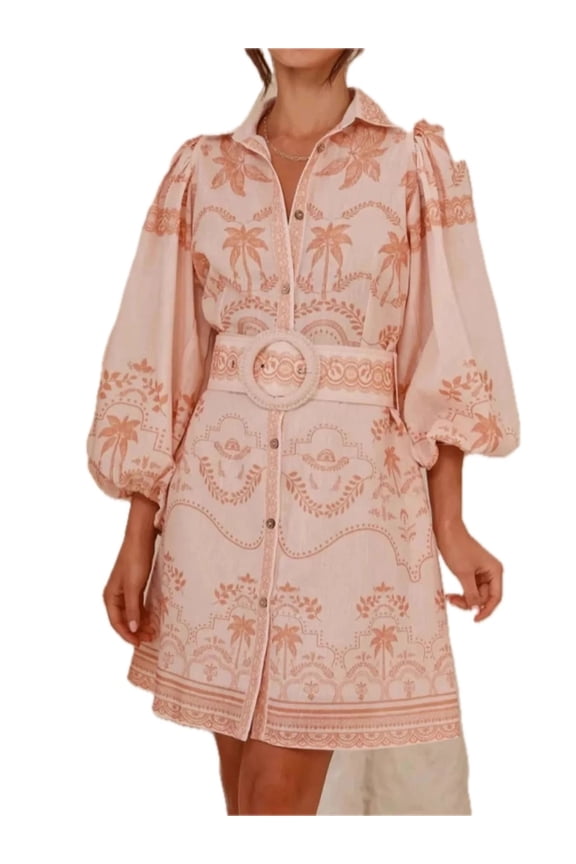 Women's Printed Button Down Shirt Dress with Belt Featuring 40% Polyester Fabric for a Comfortable Everyday Look