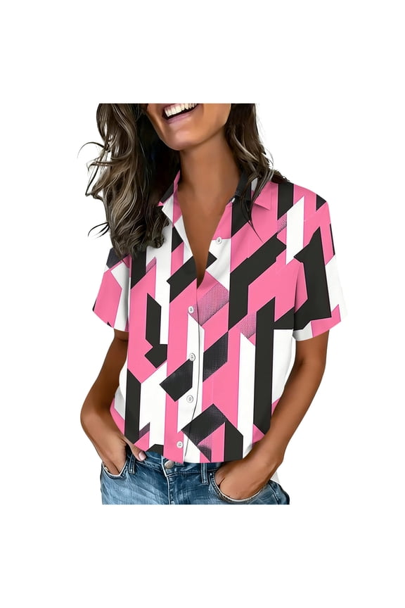 Women's Printed Button-Down Shirt – Short Sleeve Relaxed Blouse with Collar for Casual Wear Cotton Blouses For Women