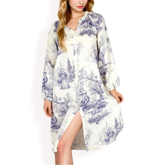 Women's Printed Button-Up Long Sleeve Shirt Dress with Relaxed Fit - Large, Purple