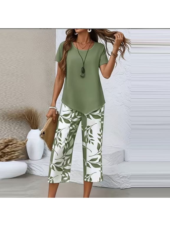 Women's Printed Capri 2 Piece Matching Set Tiered Top and Wide Leg Capris Pants Casual Summer Travel Lounge Clothes Army Green L