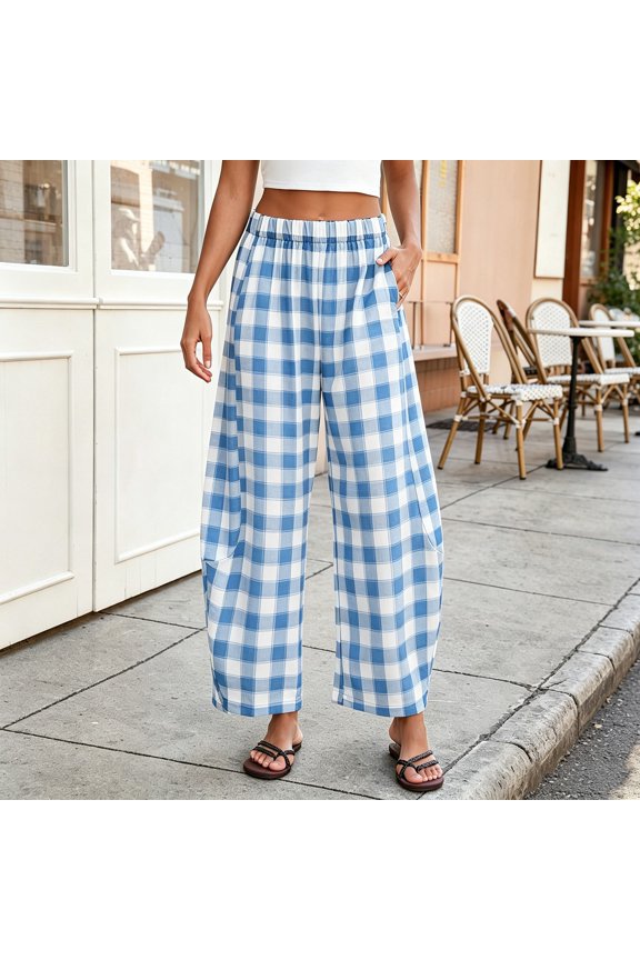 Women's Printed Casual Barrel Baggy Pants,Elastic High Waist Wide Leg Comfy Lounge Trousers with Pockets,Lightweight Flowy Summer Beach Travel Pants Blue L
