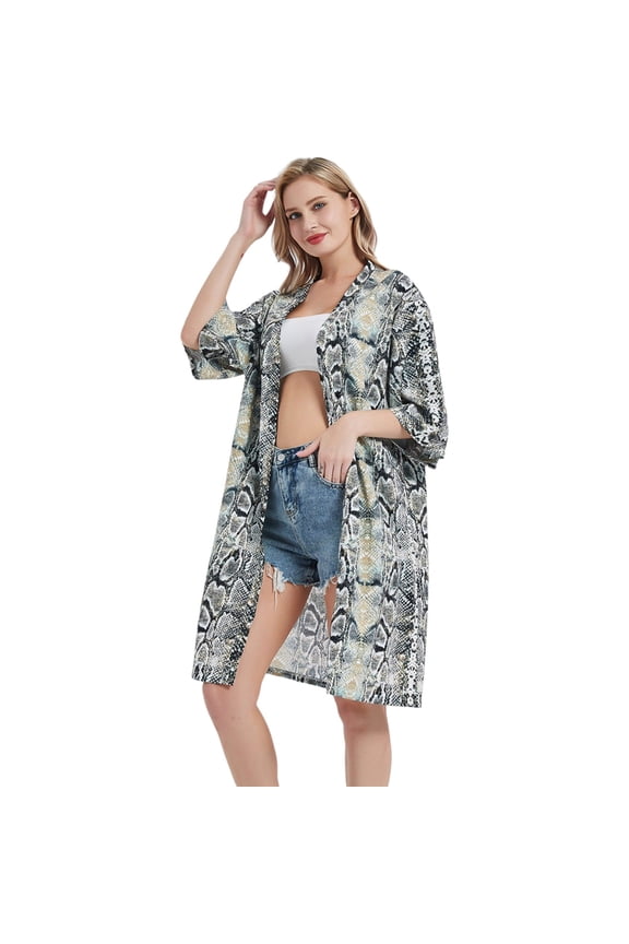 Women's Printed Chiffon Layering Long Open Front Duster Cardigan - One Size Fits Most,Snake Print