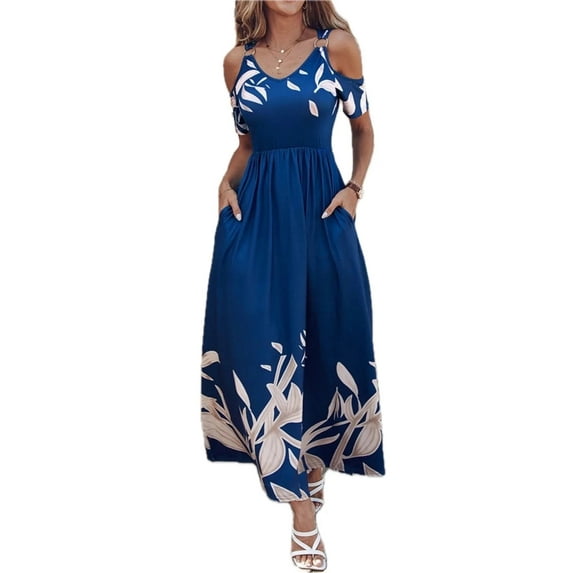 Women's Printed Cold Shoulder Dress 100% Polyester With Pockets Flowy Lightweight Easy Care For Everyday Wear