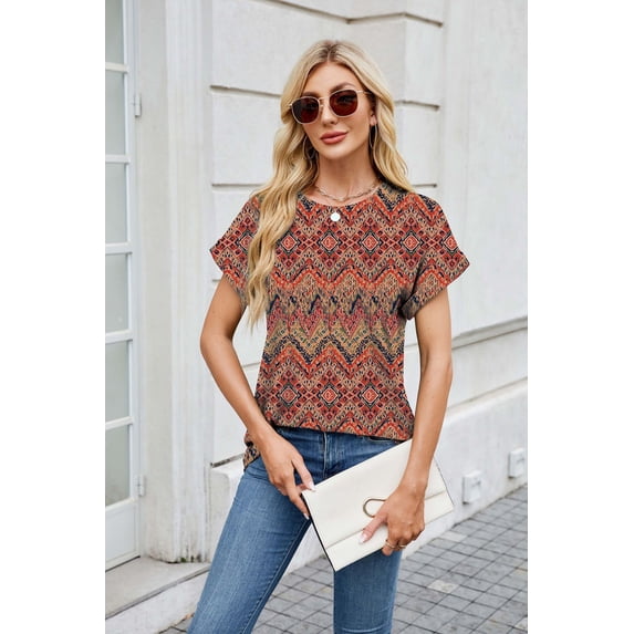 New Women's Printed Crew Neck Loose Short Sleeve T-Shirt Top