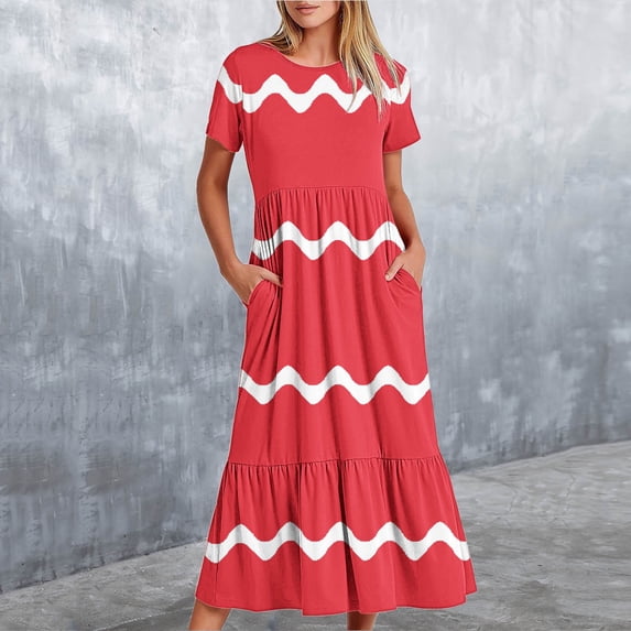 Women's Printed Dress, Tiered Striped Maxi Dress with Pockets, Short Sleeve Round Neck Loose Fit Summer Dress