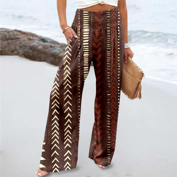 Women's Printed Elastic High Waist Wide Pants Casual Wide Leg Long Casual Belt Pocket Women Casual Pants Winter Womens Casual Pants Petite Length Casual Dress Pants for Women Summer Womens Casual