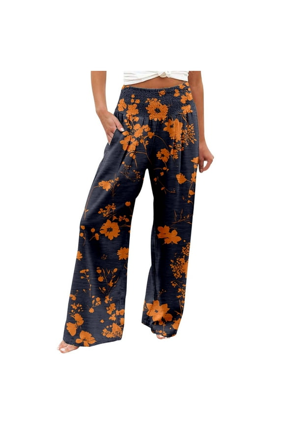 Women's Printed Elastic High Waist Wide Pants Casual Wide Leg Long Casual Belt Pocket