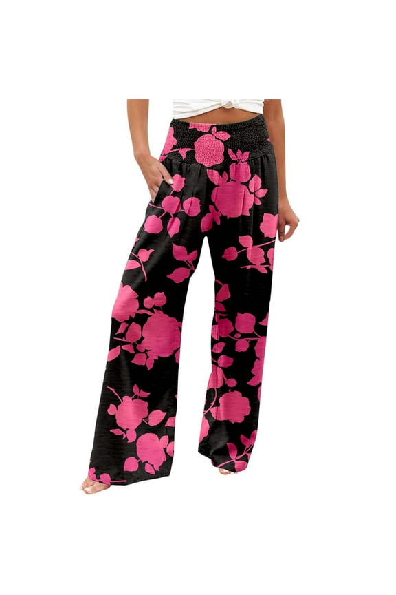 Women's Printed Elastic High Waist Wide Pants Casual Wide Leg Long Casual Belt Pocket