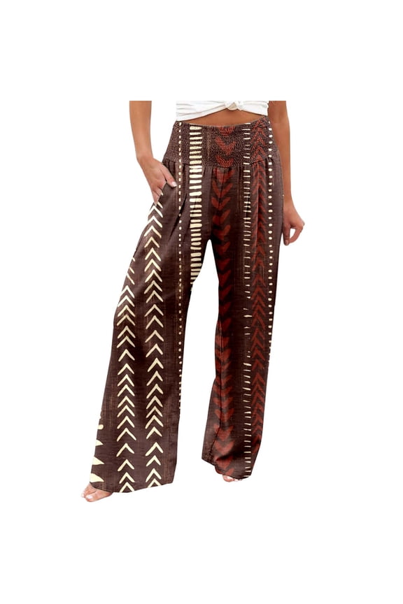 Women's Printed Elastic High Waist Wide Pants Casual Wide Leg Long Casual Belt Pocket