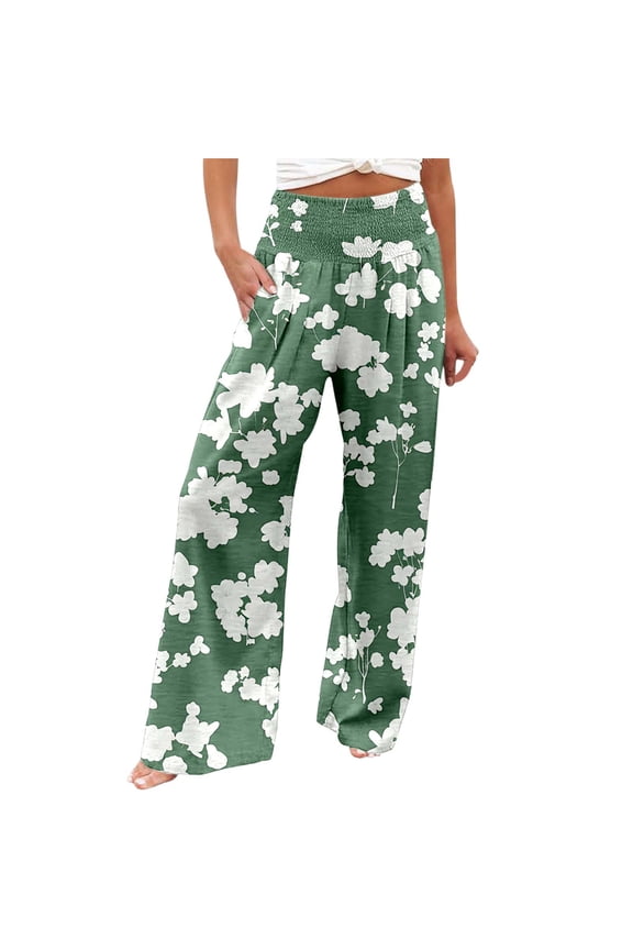 Women's Printed Elastic High Waist Wide Pants Casual Wide Leg Long Casual Belt Pocket