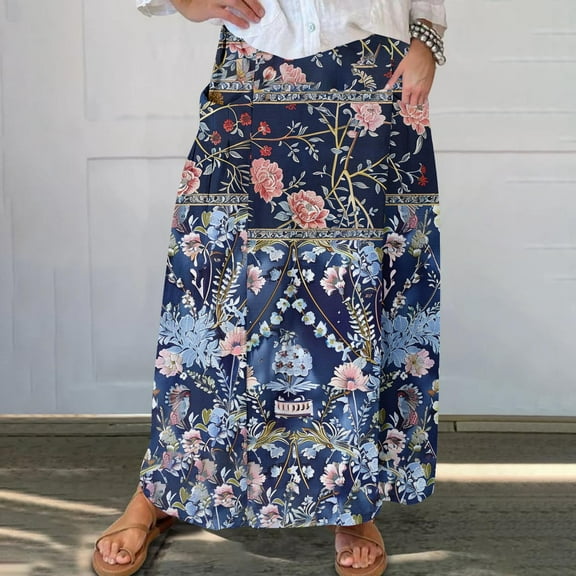 Women's Printed Elastic Waistband Pleated Pocket Skirt With Mid Calf Skirt Black S