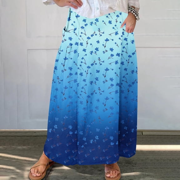 Women's Printed Elastic Waistband Pleated Pocket Skirt With Mid Calf Skirt Blue S