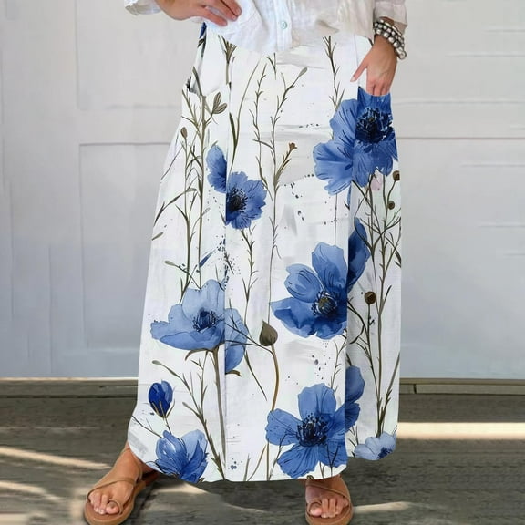 Women's Printed Elastic Waistband Pleated Pocket Skirt With Mid Calf Skirt Blue S