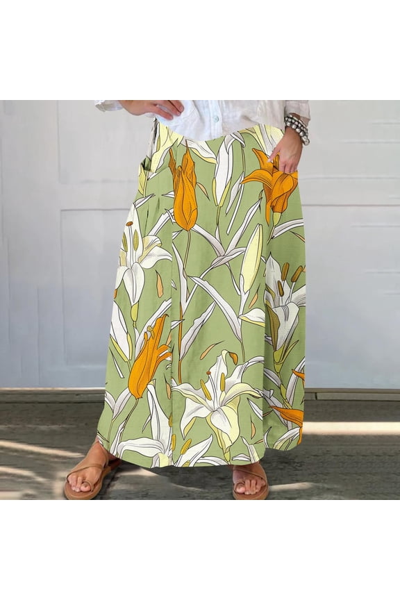 Women's Printed Elastic Waistband Pleated Pocket Skirt With Mid Calf Skirt Green XXXXL