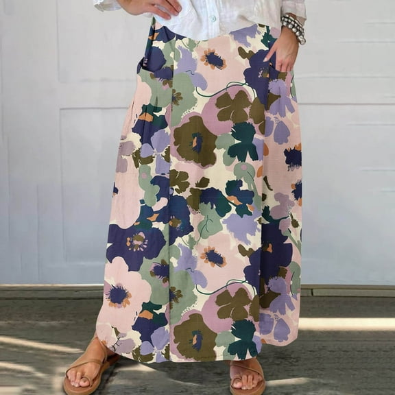 Women's Printed Elastic Waistband Pleated Pocket Skirt With Mid Calf Skirt Khaki S