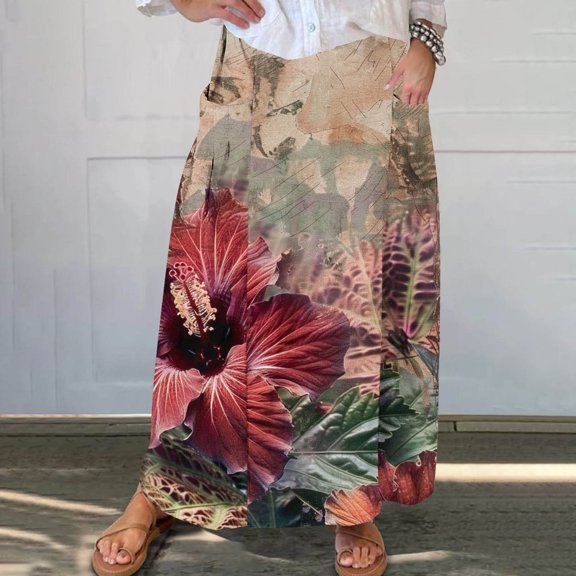 Women's Printed Elastic Waistband Pleated Pocket Skirt With Mid Calf Skirt Khaki S