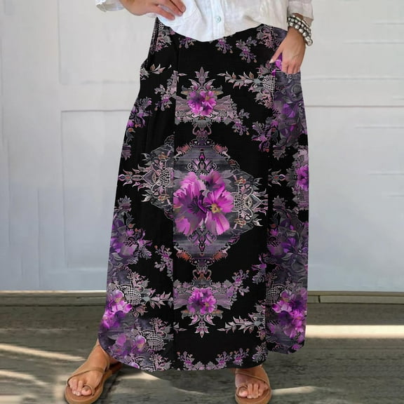 Women's Printed Elastic Waistband Pleated Pocket Skirt With Mid Calf Skirt Purple S