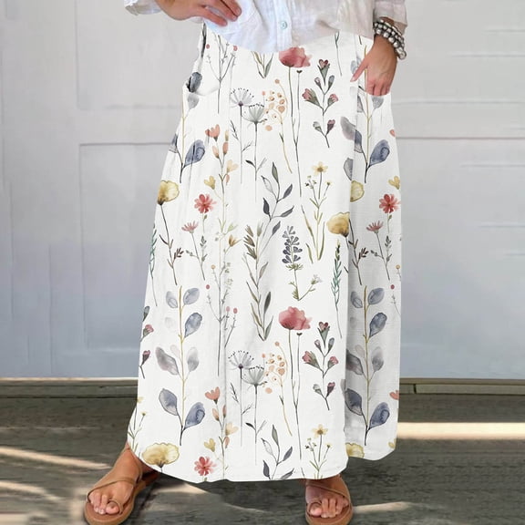 Women's Printed Elastic Waistband Pleated Pocket Skirt With Mid Calf Skirt White S