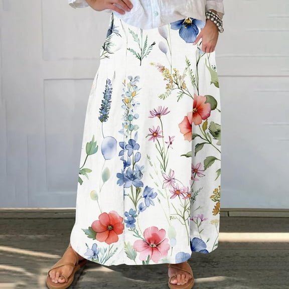 Women's Printed Elastic Waistband Pleated Pocket Skirt With Mid Calf Skirt White S