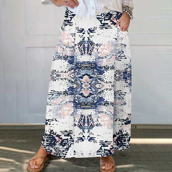 Women's Printed Elastic Waistband Pleated Pocket Skirt With Mid Calf Skirt White S