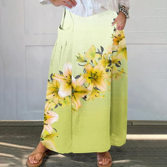 Women's Printed Elastic Waistband Pleated Pocket Skirt With Mid Calf Skirt Yellow XXL