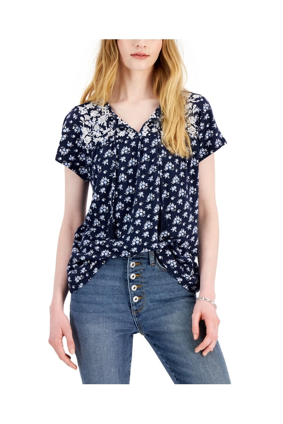 Women's Printed Embroidered Tassel-Tie Top Americana Ditsy L