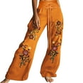 thumbnail image 1 of Women's Printed Embroidered Wide-Leg Pants Elastic High Waist Drawstring Casual Long Trousers with Pockets, 1 of 5