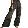 thumbnail image 1 of Women's Printed Embroidered Wide-Leg Pants Elastic High Waist Drawstring Casual Long Trousers with Pockets, 1 of 5