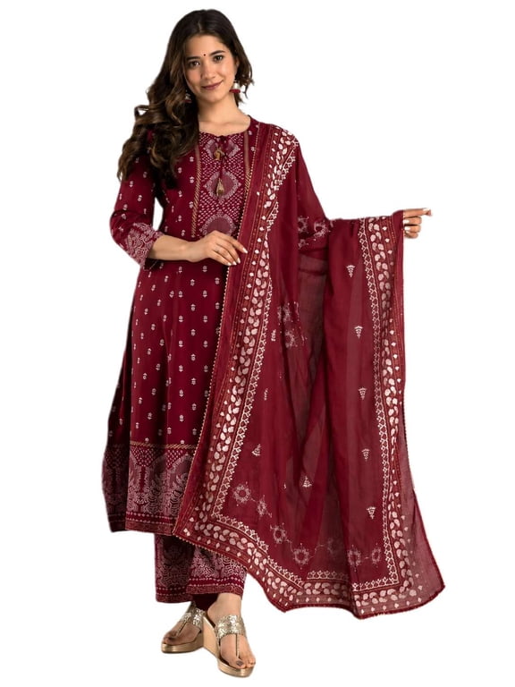 Women’s Printed Ethnic Kurta Set with Pant and Dupatta, 3 Piece Traditional Outfit