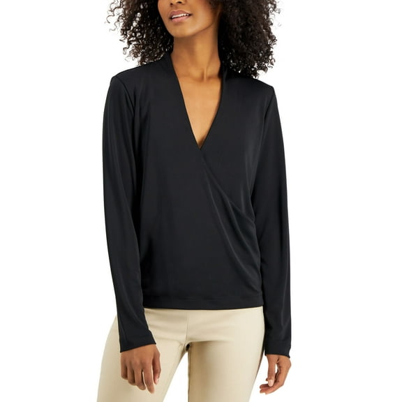 Women's Printed Faux-Wrap Surplice Knit Top deep black L