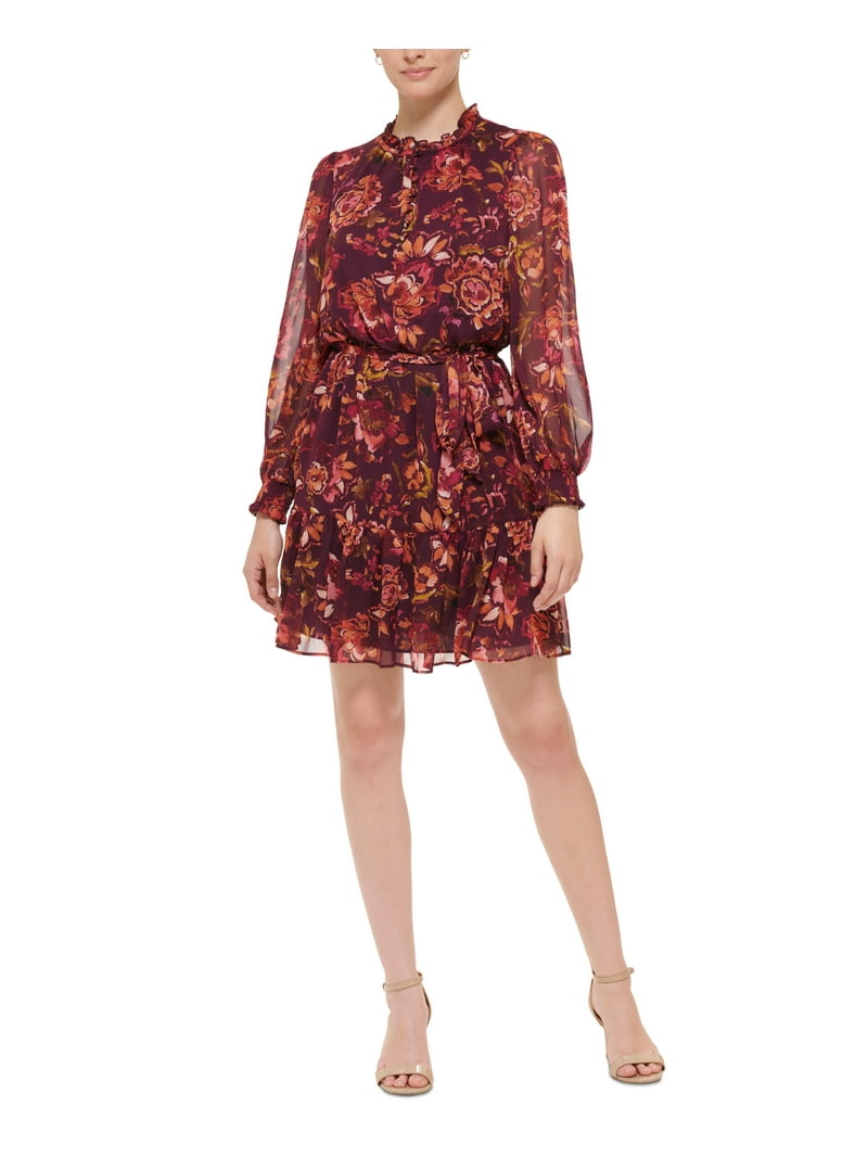 Vince Camuto Womens Chiffon Floral Fit & Flare Dress - Wine - US 4 (S)