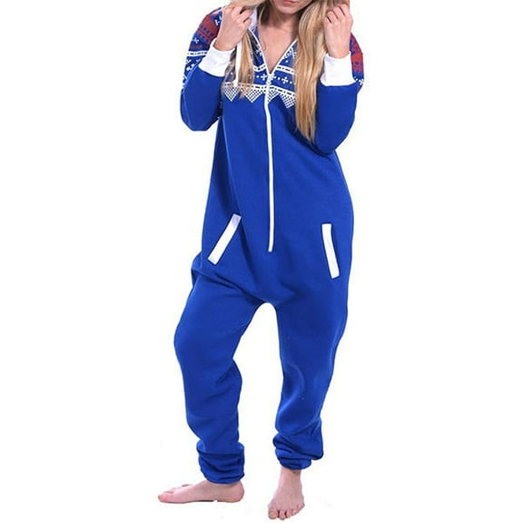 Women's Printed Fleece Onesie Pajama – Hooded Zip-Up One-Piece Sleepwear, Non-Footed Loungewear Jumpsuit