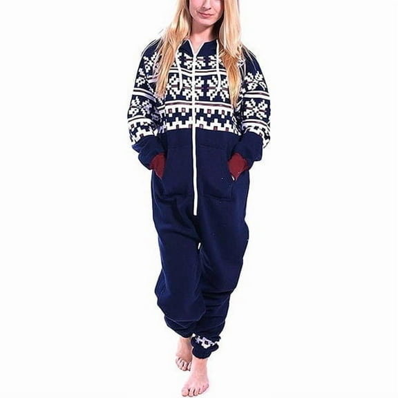 Women's Printed Fleece Onesie Pajama – Hooded Zip-Up One-Piece Sleepwear, Non-Footed Loungewear Jumpsuit
