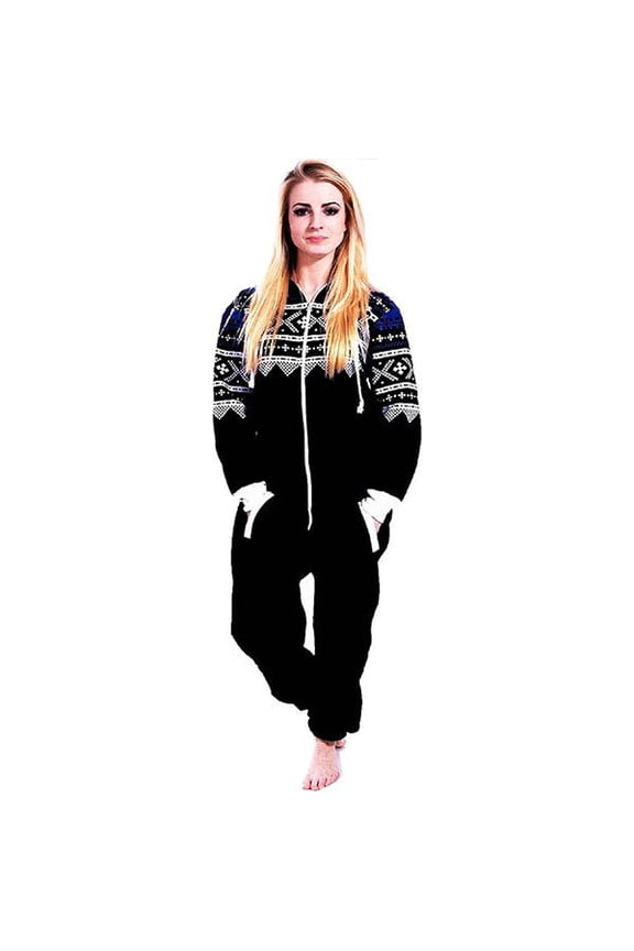 Women's Printed Fleece Onesie Pajama – Hooded Zip-Up One-Piece Sleepwear, Non-Footed Loungewear Jumpsuit