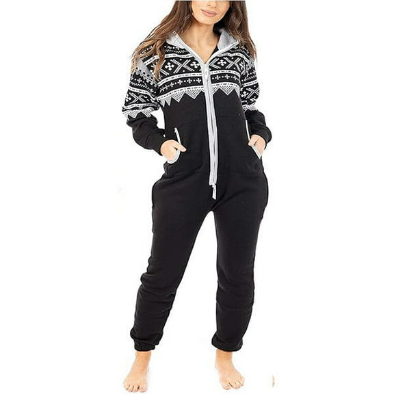 Women's Printed Fleece Onesie Pajama – Hooded Zip-Up One-Piece Sleepwear, Non-Footed Loungewear Jumpsuit