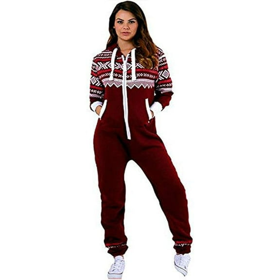 Women's Printed Fleece Onesie Pajama – Hooded Zip-Up One-Piece Sleepwear, Non-Footed Loungewear Jumpsuit