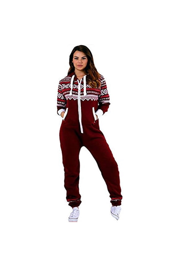 Women's Printed Fleece Onesie Pajama – Hooded Zip-Up One-Piece Sleepwear, Non-Footed Loungewear Jumpsuit