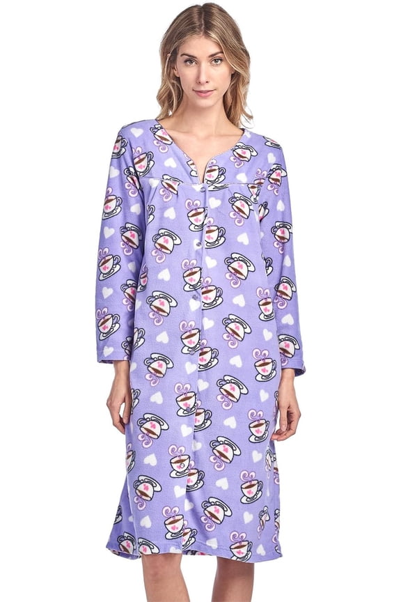 Women's Printed Fleece Snap-Front Lounger House Dress