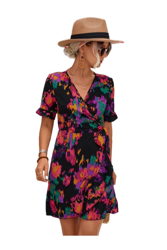 Women's Printed Flounce Sleeve Tied Dress 95% Polyester 5% Spandex Lightweight Chic Casual Summer Outfit Everyday
