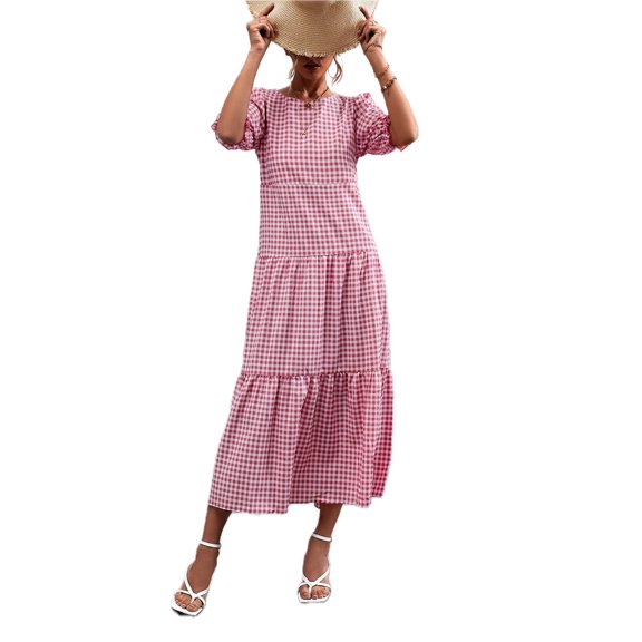 Women's Printed Flounce Sleeve Tiered Midi Dress Plaid Casual Vacation Ready Everyday Wear 95% Polyester 5% Spandex