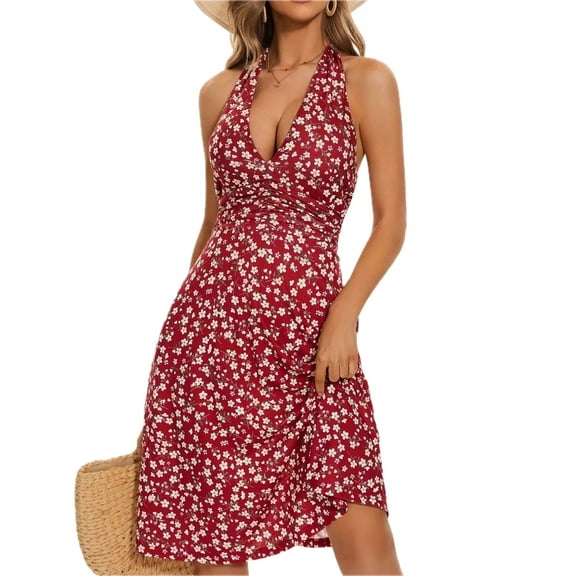 Women's Printed Halter Neck Dress with Slight Stretch 100% Polyester Fabric Lightweight Flowy Summer Look For Vacation